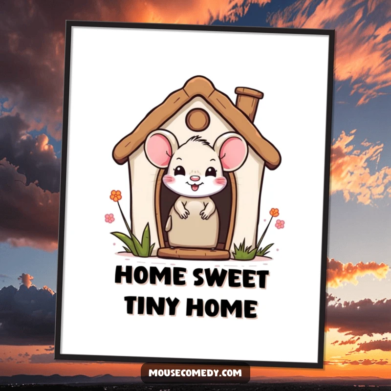 Funny Free Printable Wall Art: A smiling mouse peeking out from a cozy miniature house, adding charm to your wall.