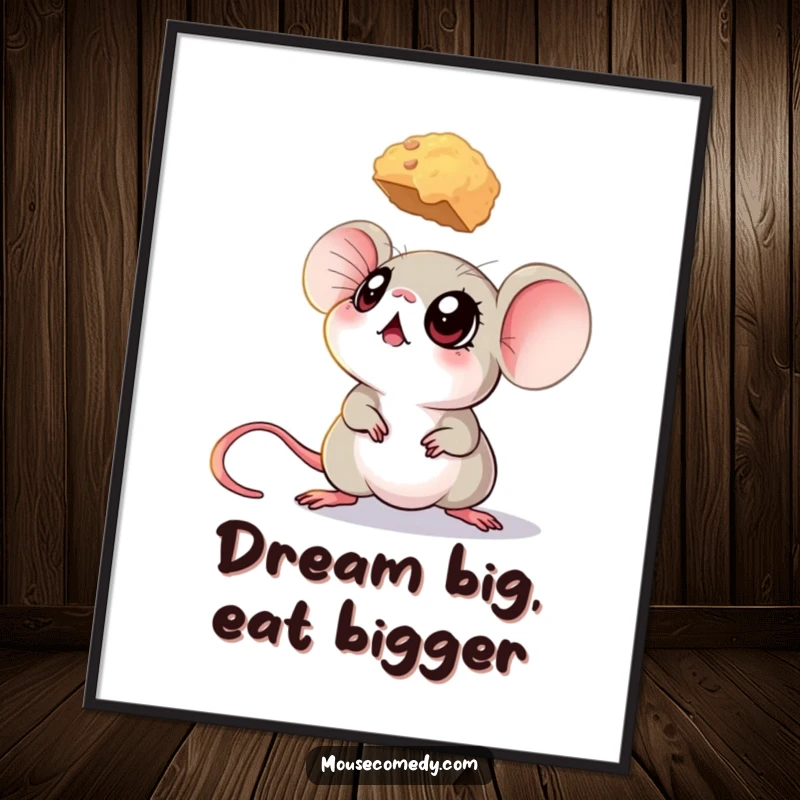 Funny Free Printable Wall Art: A mouse with enormous eyes stares up at a tempting crumb in a humorous artwork.