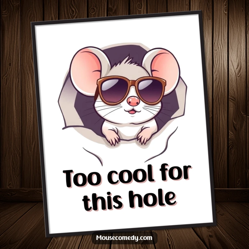 Funny free printable wall art of a kawaii mouse wearing cool sunglasses, peeking from a minuscule hole with playful mystery.