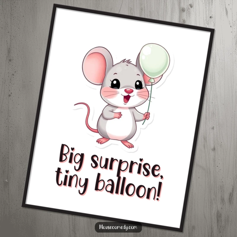 Funny free printable wall art showing a kawaii mouse with exaggerated surprise, holding a tiny balloon, radiating joy.