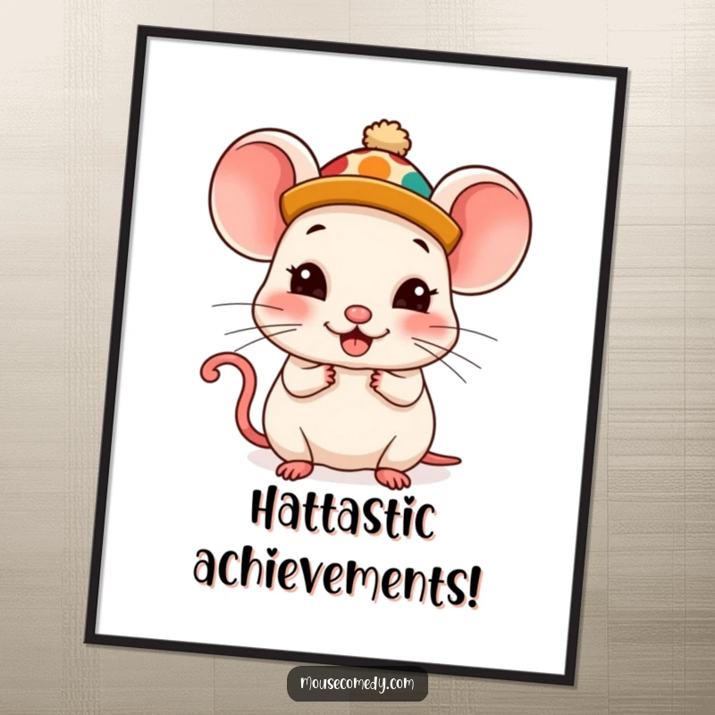 Hilarious free printable wall art of a kawaii mouse proudly wearing a ridiculously silly hat, beaming with comical satisfaction.