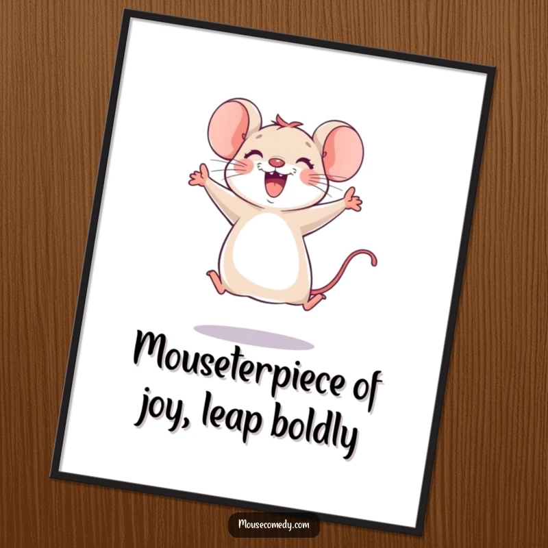 Funny Free Printable Wall Art: A tiny, joyful mouse leaping triumphantly with paws in the air, full of energy.