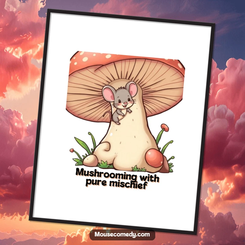 Funny Free Printable Wall Art: A tiny mouse with a mischievous wink climbing a giant mushroom, creating a magical scene.