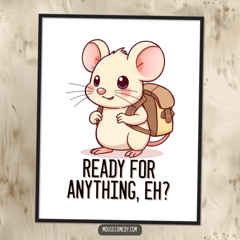 Adorable free printable wall art of a kawaii mouse with a tiny backpack, looking eager and ready for an exciting adventure.