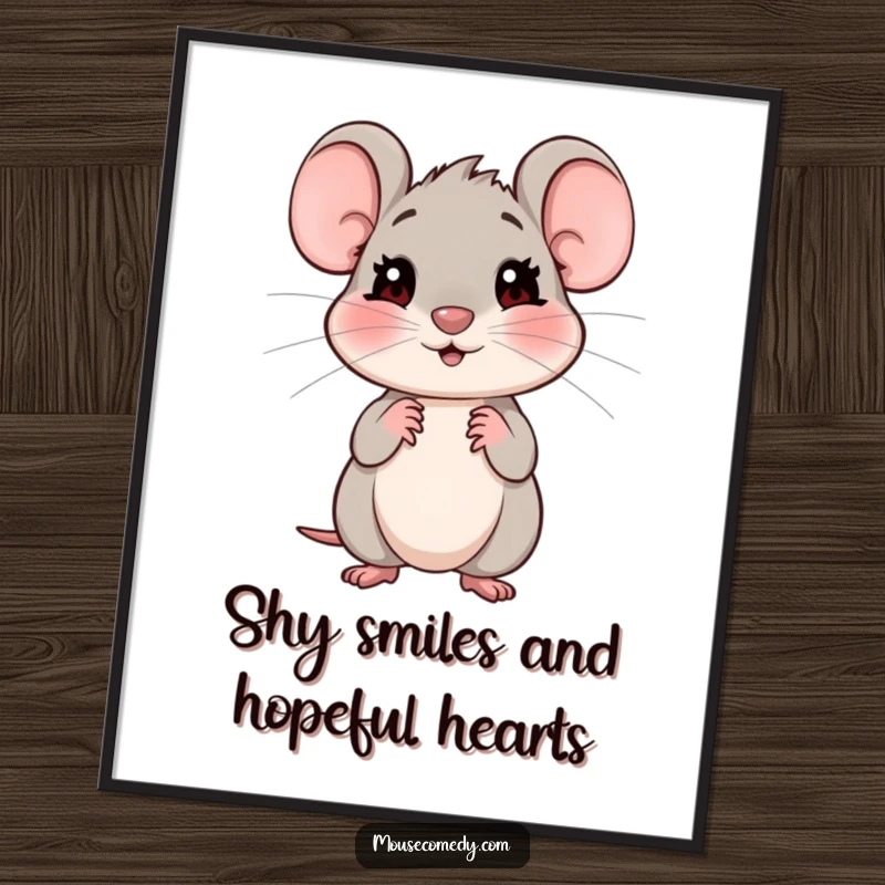 Funny free printable wall art featuring a friendly mouse with a shy, expectant look, evoking a sense of sweet, quiet hope.