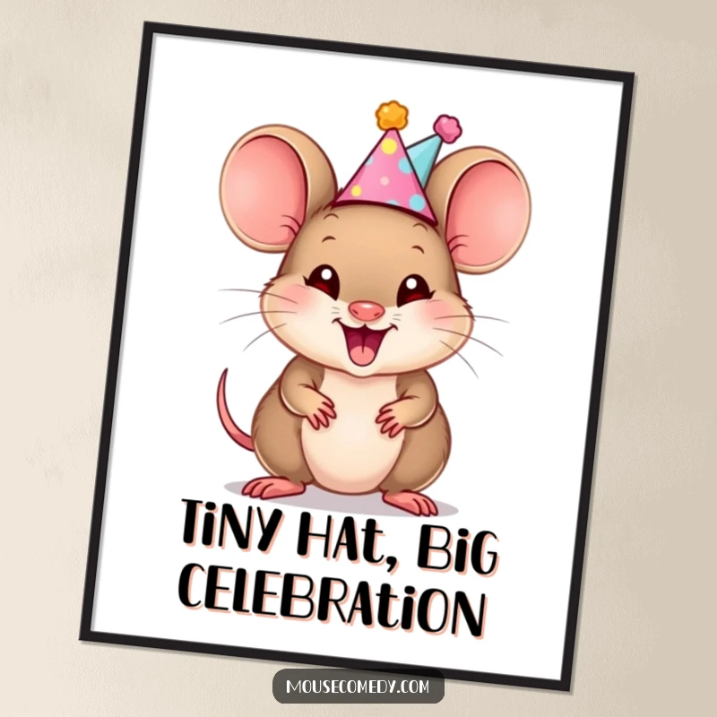 Funny Free Printable Wall Art: A smiling mouse cub wearing a tiny party hat squeaks excitedly. Festive downloadable decor.
