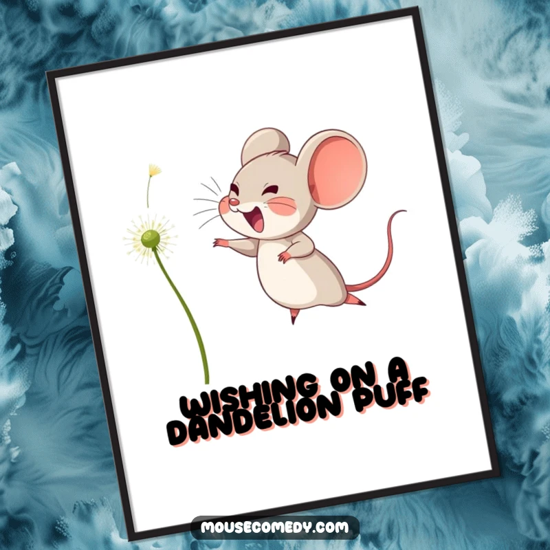 Funny Free Printable Wall Art: A joyful mouse leaping to catch a floating dandelion seed, bringing wishes to your wall.