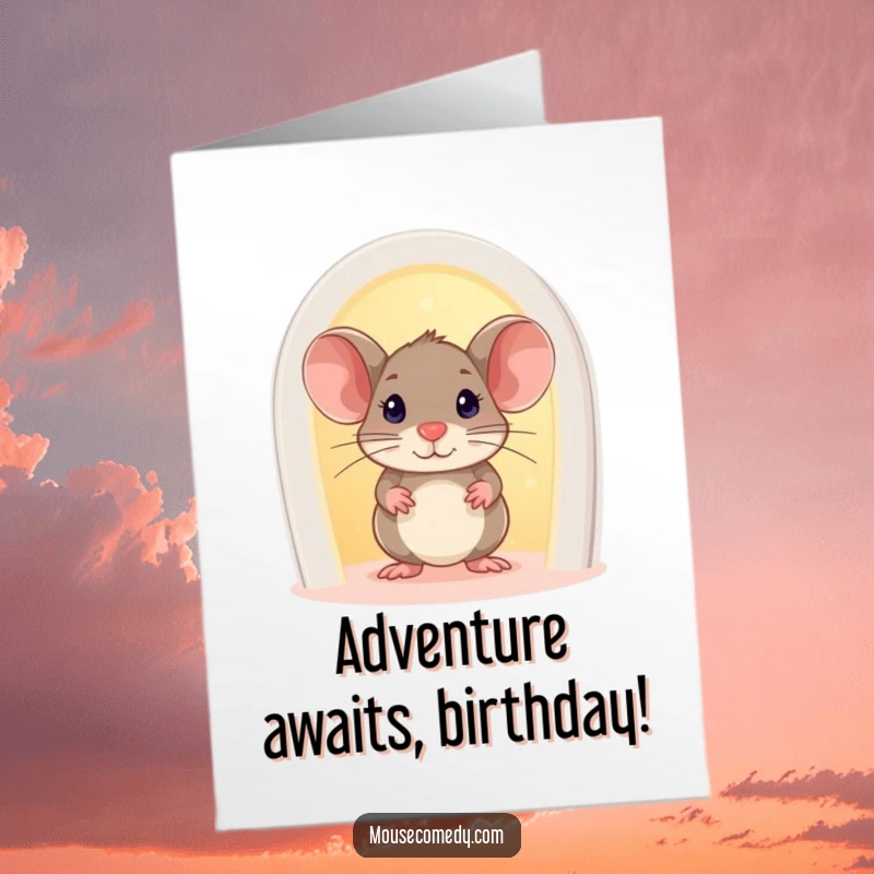 Funny free printable birthday card: a curious mouse peeks from a small, luminous doorway, hinting at joy within.