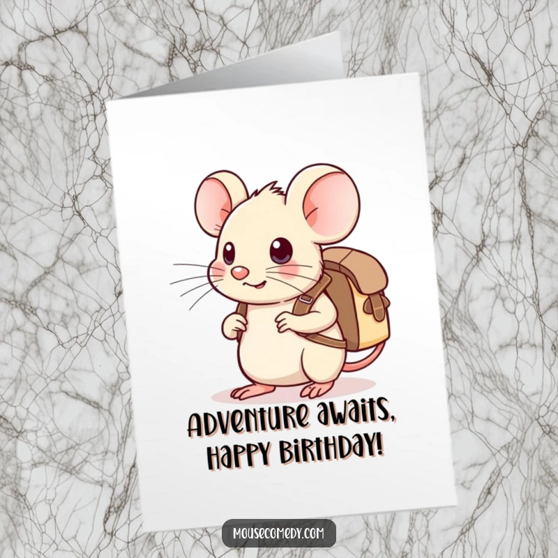 Funny free printable birthday card of a kawaii mouse with a tiny backpack, looking determined and ready for adventure.