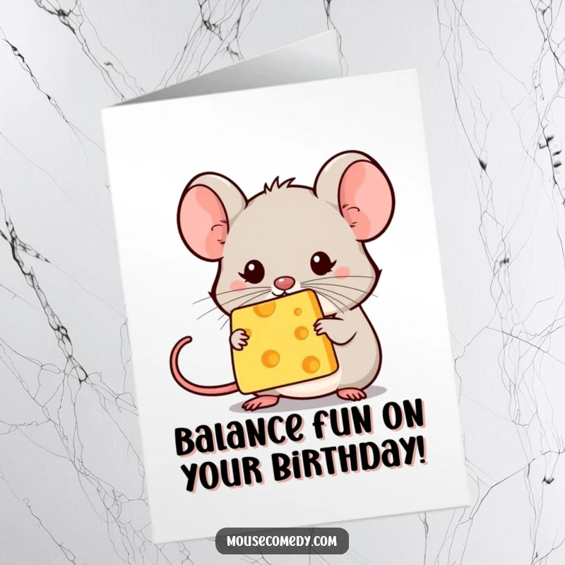 Funny free printable birthday card: kawaii mouse tries to balance a tiny cheese speck on its nose, full of suspense.