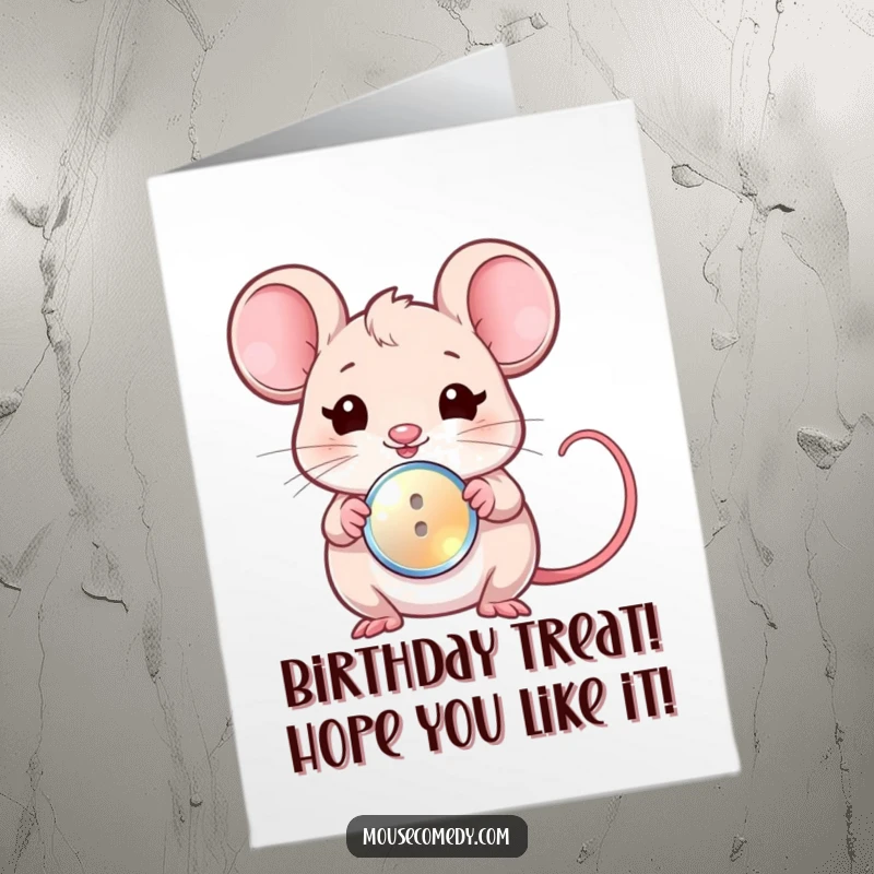 Funny free printable birthday card featuring a kawaii mouse winking mischievously while offering a tiny, shiny button as a gift.
