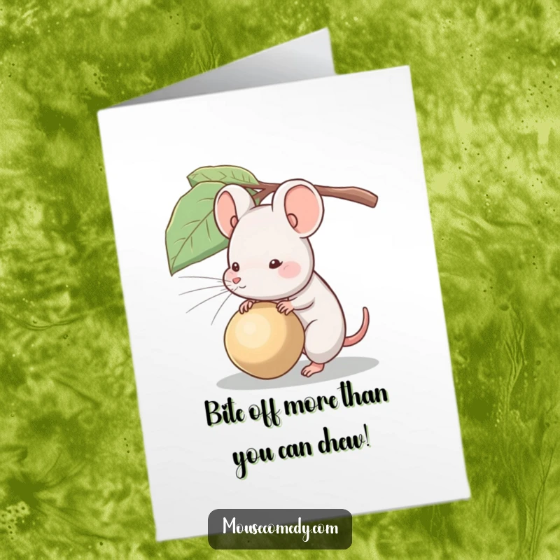 Funny Free Printable Birthday Card: A tiny mouse struggles humorously to carry a seed many times its size.