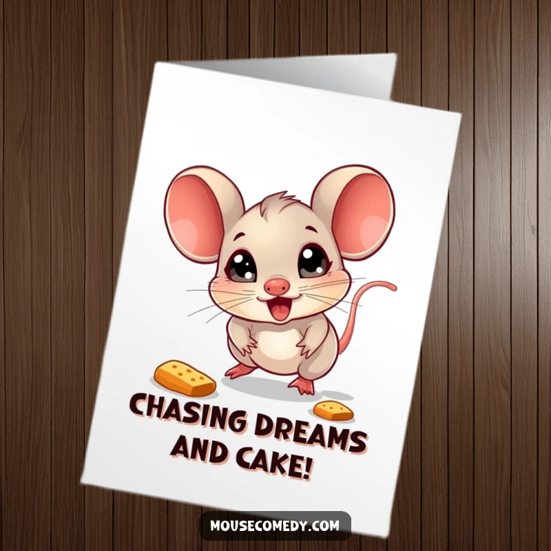 Funny free printable birthday card: a delighted mouse with sparkling eyes eagerly chases a bouncing crumb.