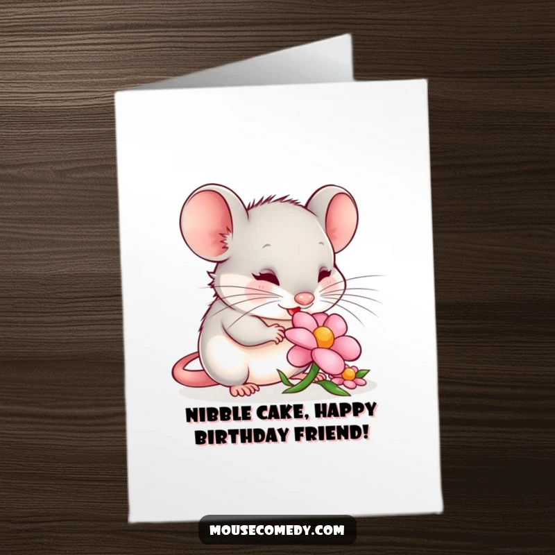 Funny Free Printable Birthday Card: Content mouse happily nibbling a colorful flower petal, peaceful and sweet.