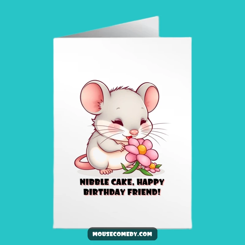 Content Mouse Nibbling Flower Free Printable Birthday Card - Funny Gift