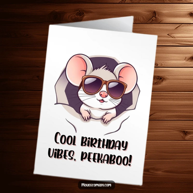 Funny free printable birthday card: a kawaii mouse in sunglasses peeks slyly from a tiny hole, exuding cool.