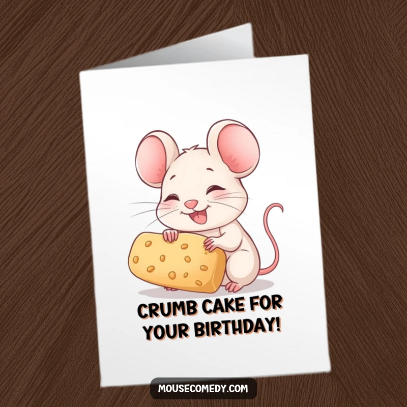Funny Free Printable Birthday Card: Joyful mouse with twitching whiskers holds a large crumb victoriously.