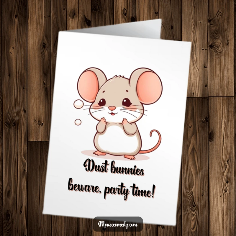 Funny free printable birthday card of a kawaii mouse playfully batting its paws at a floating dust mote in the air.