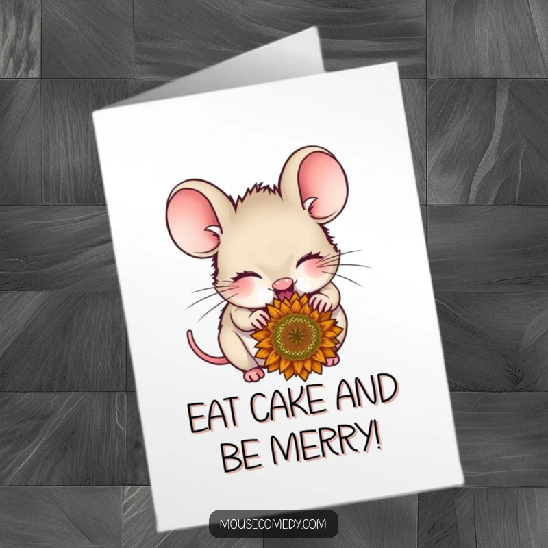 Funny Free Printable Birthday Card: Delighted mouse with closed eyes happily nibbling on a sunflower seed.