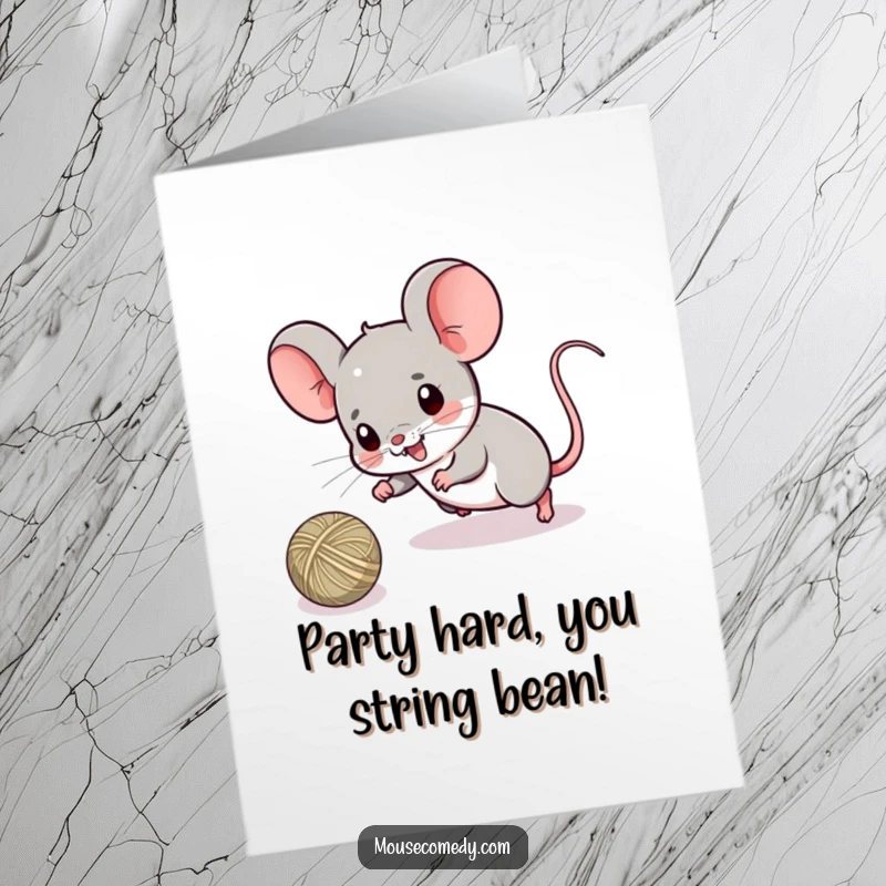 Funny Free Printable Birthday Card: A kawaii mouse playfully chasing a rolling ball of string, full of birthday excitement.