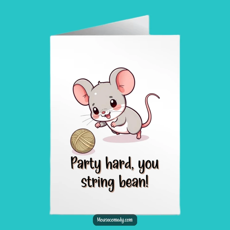 Free Printable Bday Card: Playful Kawaii Mouse Chasing String for a Fun Celebration!