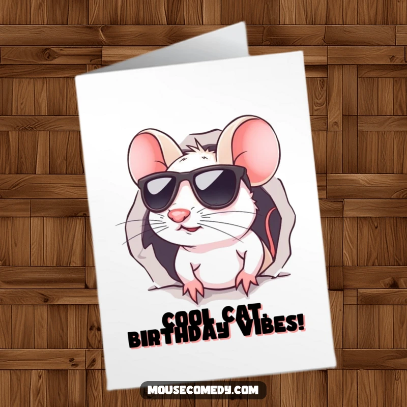 Funny Free Printable birthday card featuring a kawaii mouse wearing cool sunglasses, peeking mischievously from a small hole.