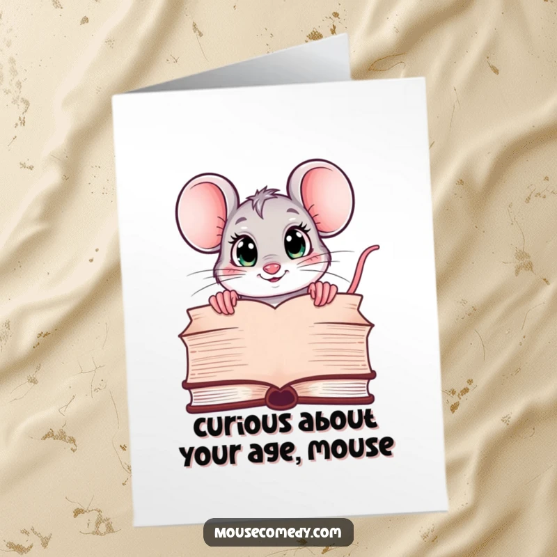 Funny Free Printable Birthday Card: Wide-eyed kawaii mouse curiously peeking over a large, open book.