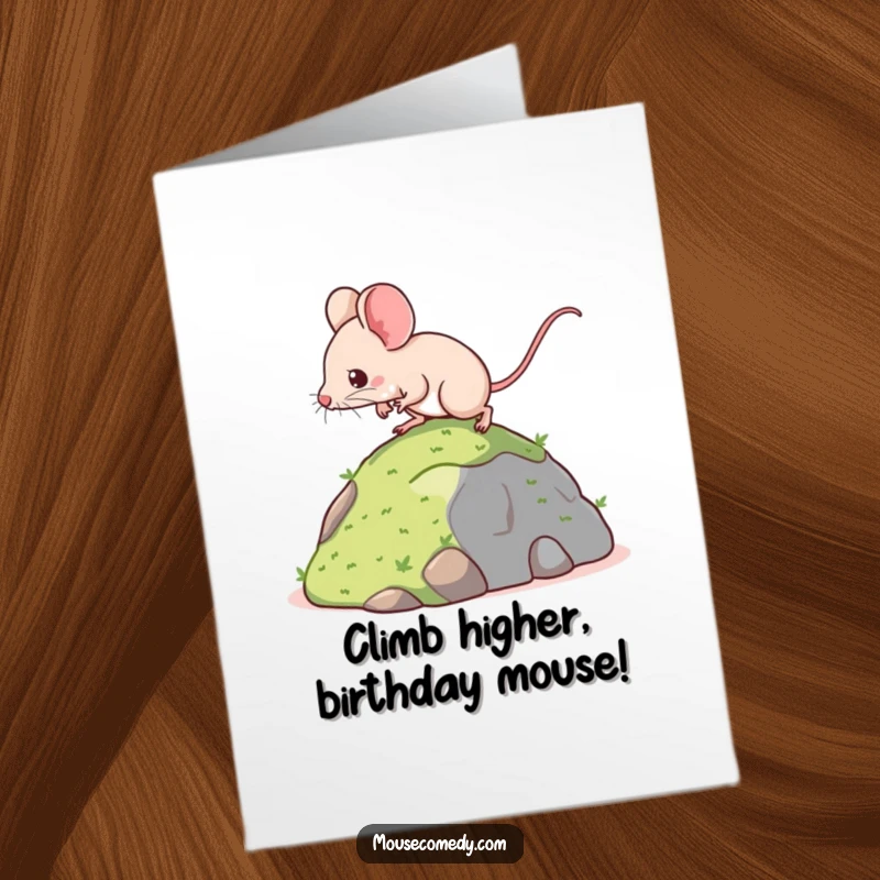 Funny Free Printable Birthday Card: Steadfast kawaii mouse with great ears climbing a tiny hill.