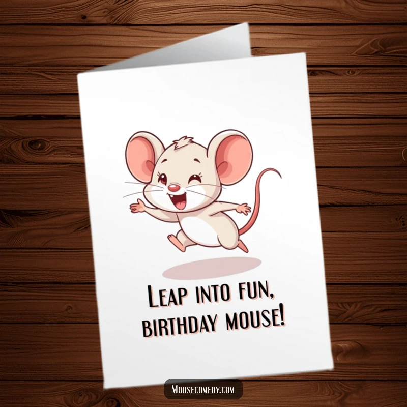 Funny Free Printable Birthday Card: An energetic mouse cub performs a clumsy, enthusiastic leap. Humorous downloadable art.