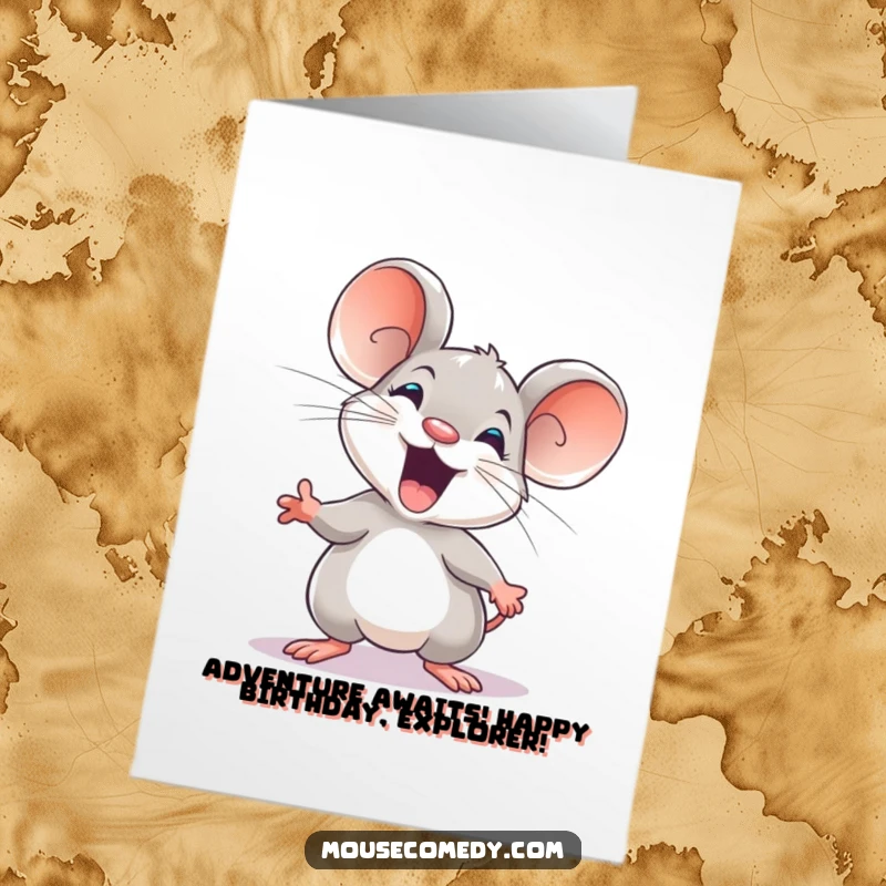 Funny free printable birthday card showing an excited mouse with wide eyes, ready to explore the world, radiating pure joy.