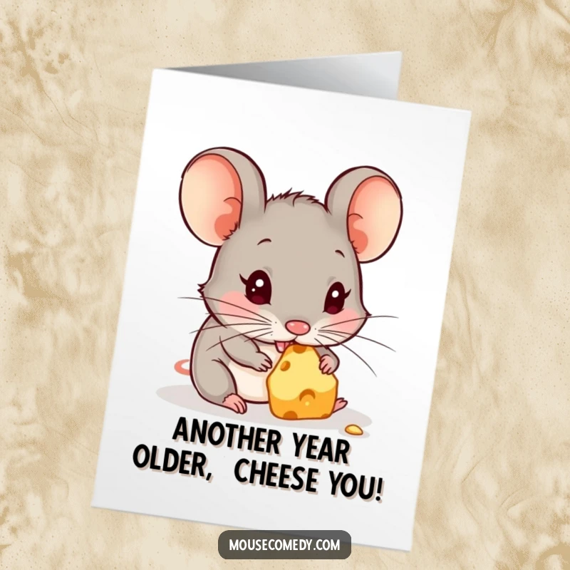 Funny Free Printable Birthday Card: A cute mouse happily nibbling a tiny piece of cheese, celebrating with joy.
