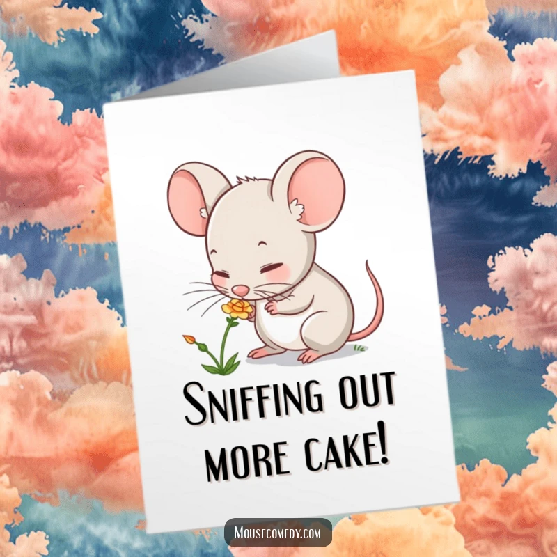 Funny Free Printable Birthday Card featuring a cute mouse with big eyes, curiously sniffing a tiny, delicate flower with a happy expression.