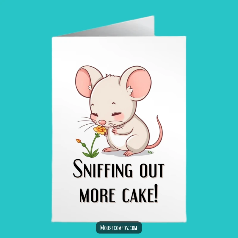 Free Printable Birthday Card: Funny Mouse Flower Sniffing Downloadable Gift