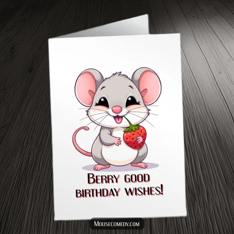 Funny Free Printable Birthday Card: A giggling mouse expertly balancing a ripe berry on its tiny nose.