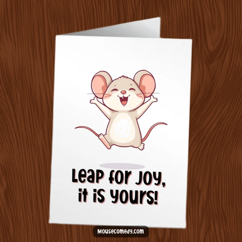 Funny Free Printable Birthday Card: A happy mouse performs a joyful little leap, a cheerful downloadable gift.