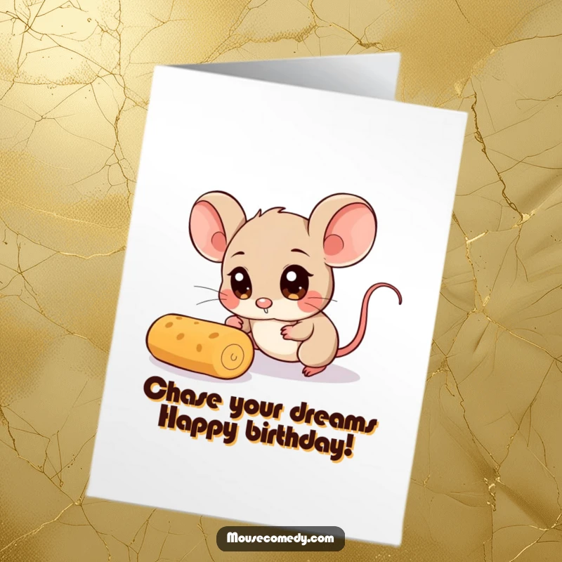 Funny Free Printable Birthday Card: A cute mouse with wide eyes intently chases a rolling crumb. Humorous downloadable art.