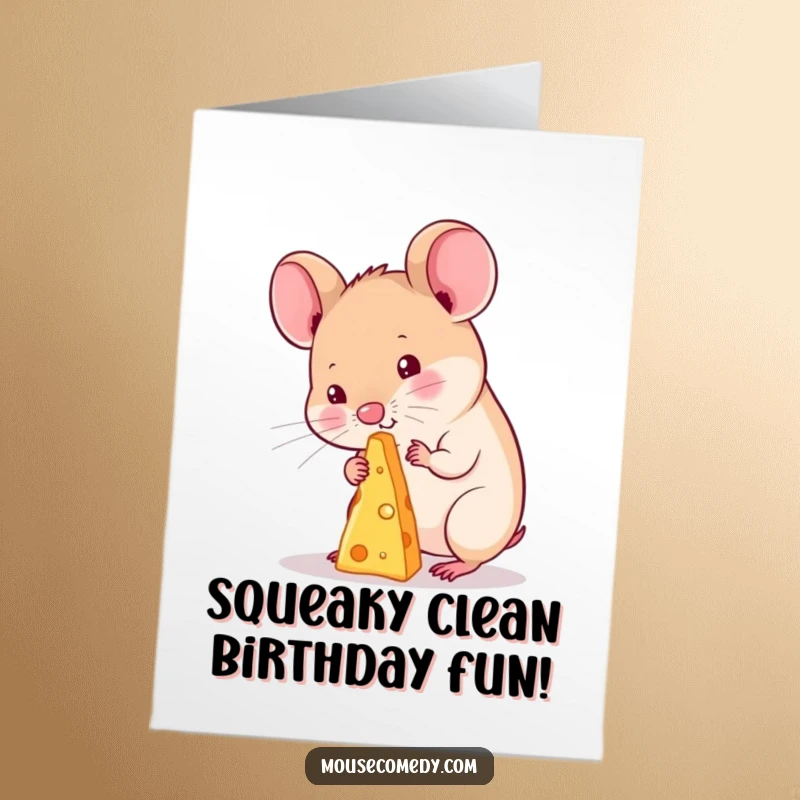 Funny Free Printable birthday card featuring a kawaii mouse with intense focus balancing a tiny cheese speck on its nose.