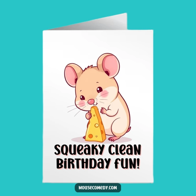 Free Printable Birthday Card: Kawaii Mouse Balancing Cheese - Funny Downloadable Gift