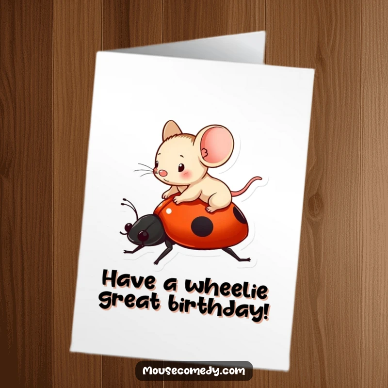 Funny Free Printable Birthday Card: A tiny mouse joyfully riding on the back of a bright red ladybug.