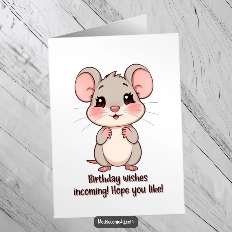 Funny free printable birthday card showing a friendly mouse with a shy, expectant look, hoping for a happy birthday reaction.