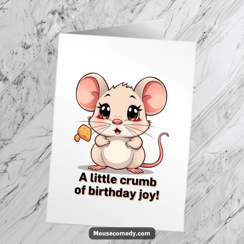 Funny Free Printable Birthday Card: A tiny mouse with wide eyes looking in amazement at a floating, sparkling crumb. Cute animal surprise.