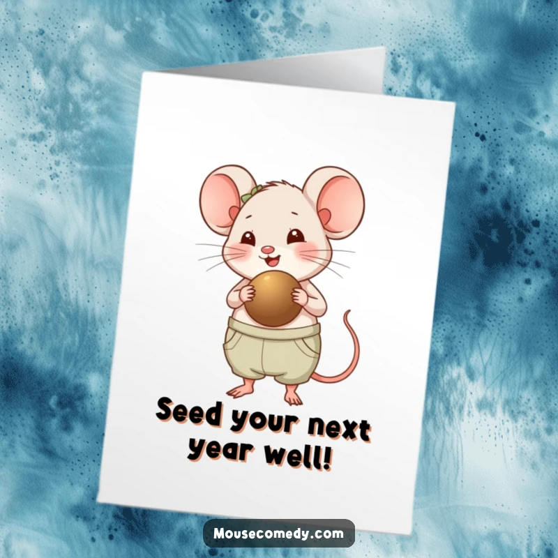 Funny free printable birthday card: Chubby mouse happily panting, carrying a giant seed, ready for celebration.
