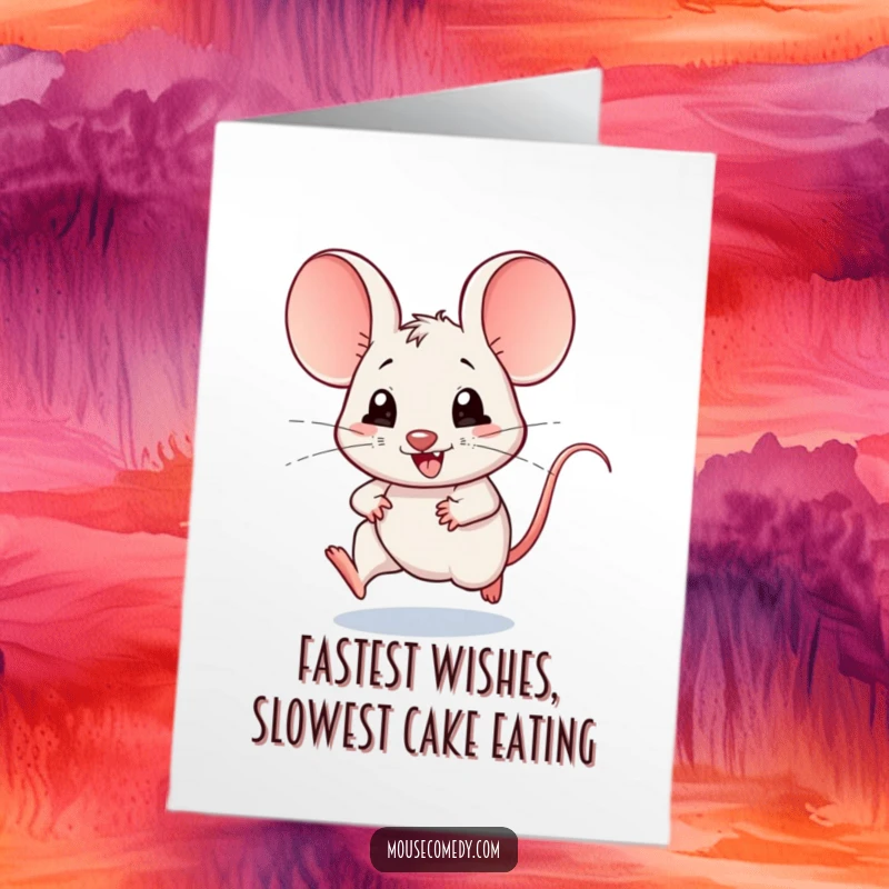 Funny Free Printable Birthday Card: Adorable kawaii mouse with giant ears running super fast, bringing birthday cheer.