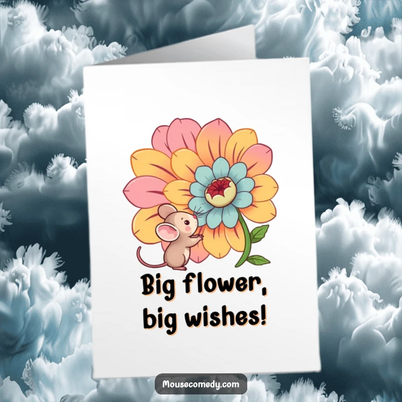 Funny free printable birthday card featuring a kawaii mouse looking curiously at a giant, colorful flower, perfect for a whimsical celebration.