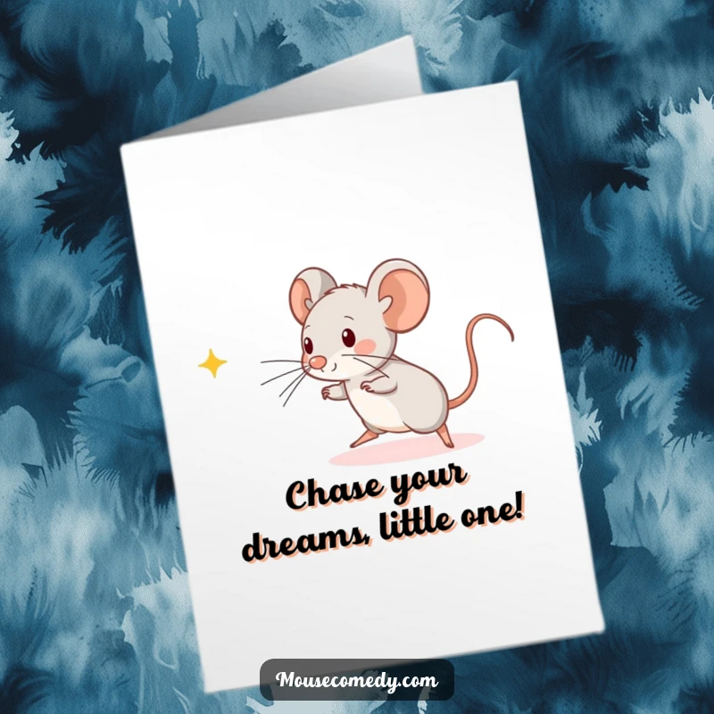 Funny free printable birthday card of a kawaii mouse joyfully chasing a bright beam of light across the floor.