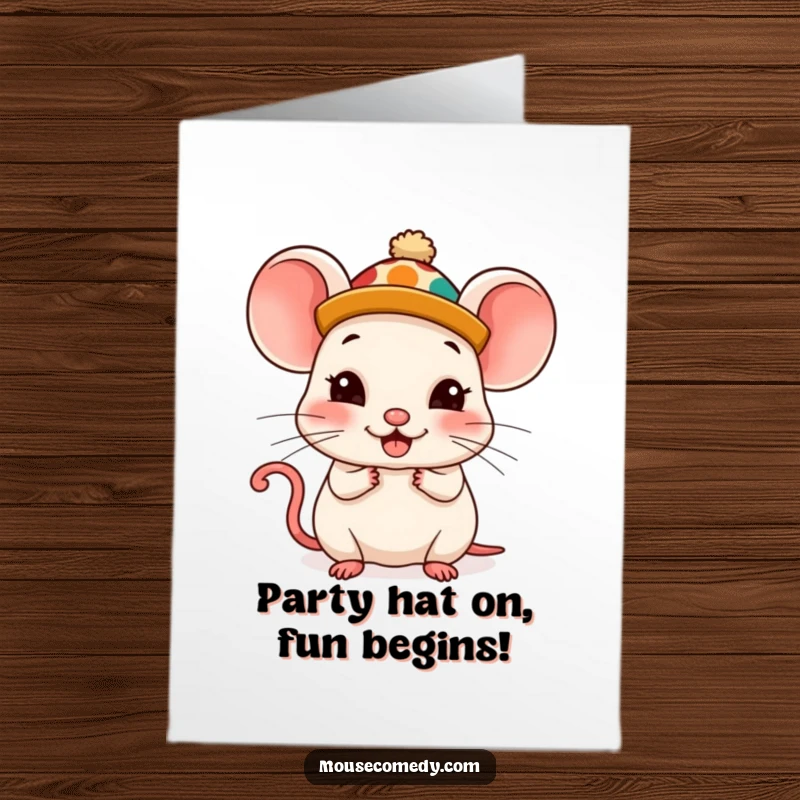 Funny free printable birthday card of a kawaii mouse wearing a ridiculously silly hat, looking comically pleased with itself.