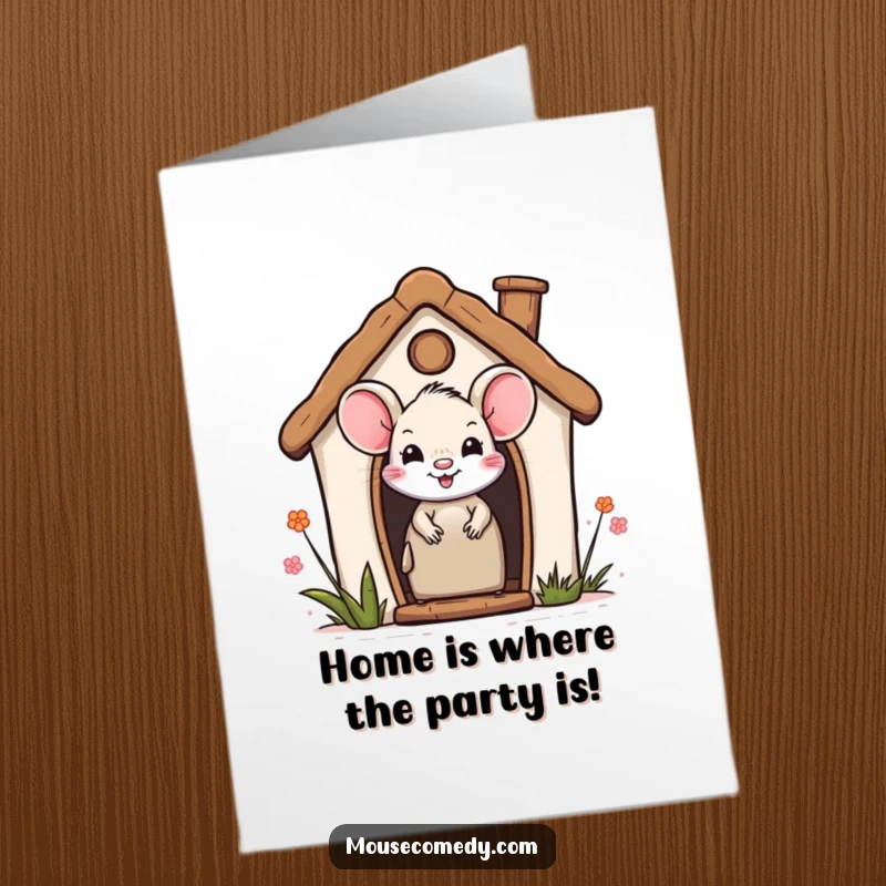 Funny Free Printable Birthday Card: A smiling mouse peeking out from a miniature house, wishing a happy birthday.