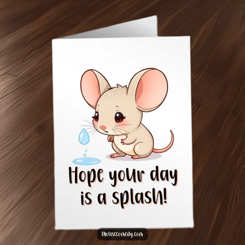 Funny Free Printable Birthday Card: A little mouse with large ears curiously watching a raindrop, celebrating their birthday.