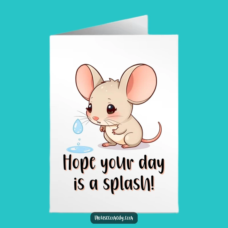 Free Printable Birthday Card: Curious Mouse Watching Raindrop for a Happy Birthday!