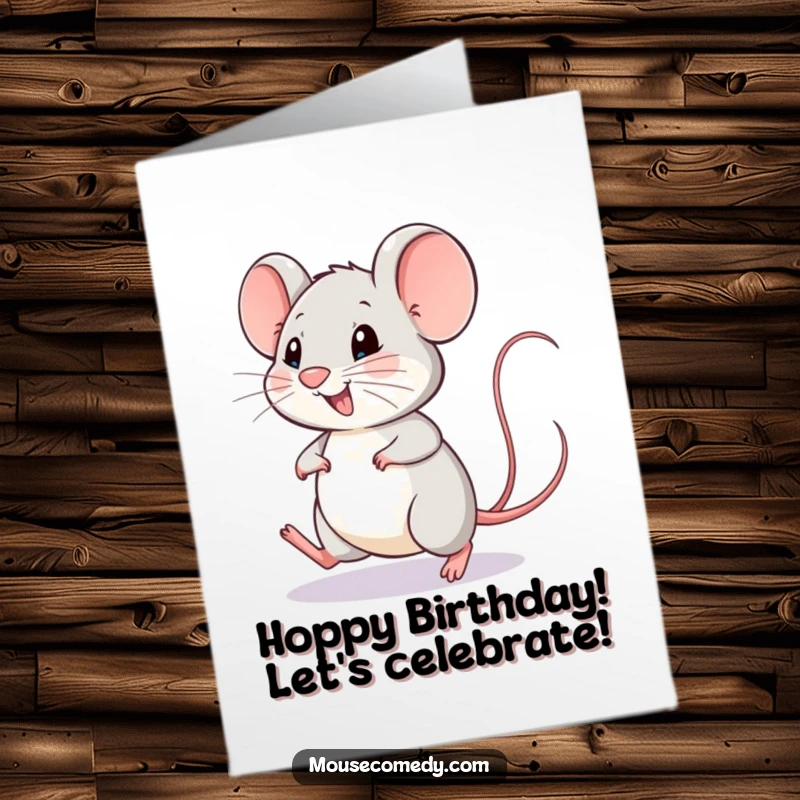 Funny Free Printable Birthday Card: A happy mouse hops with excitement and a wagging tail for a birthday.